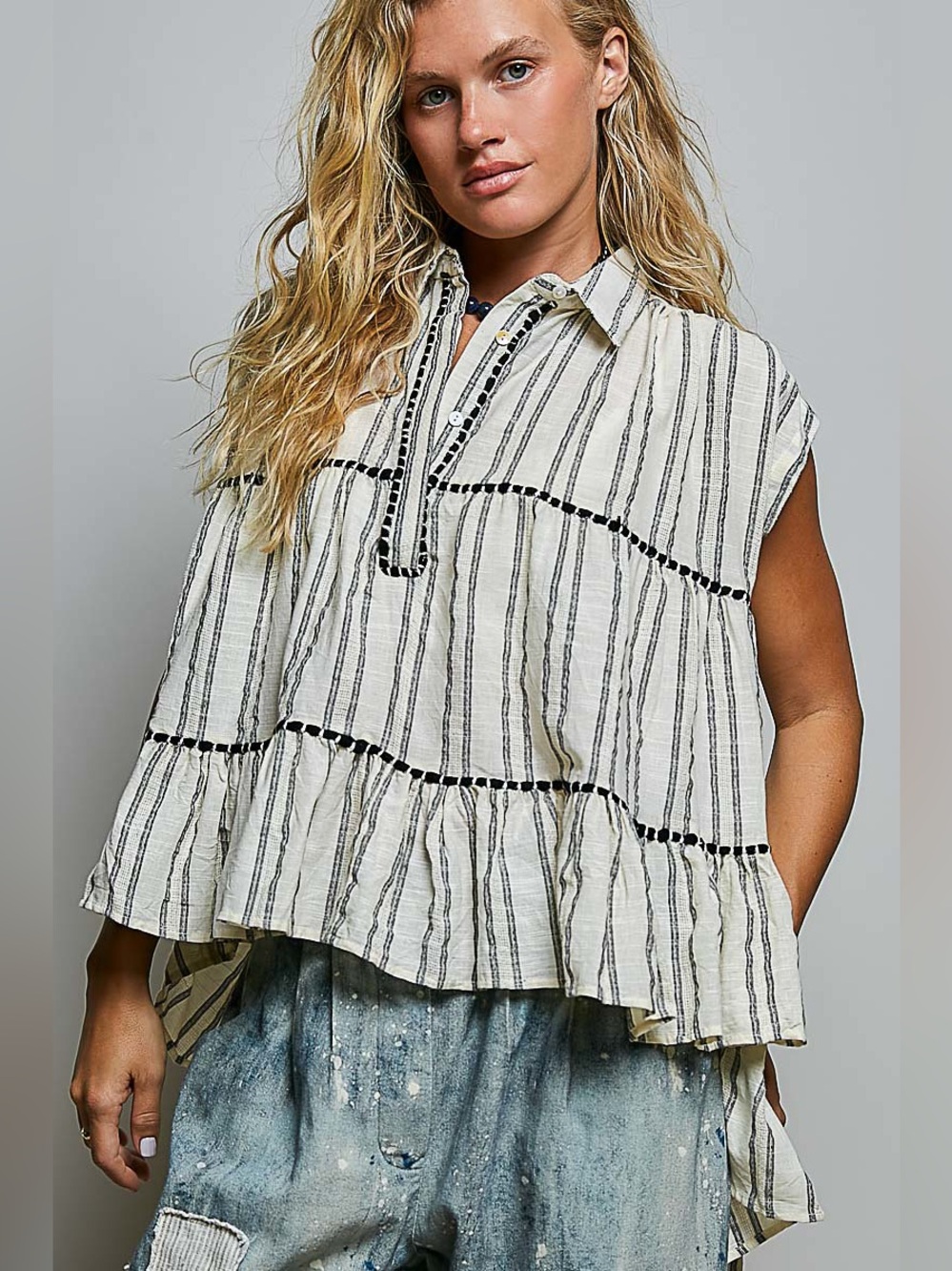 POL Striped Ruffle Collared Sleeveless Cotton Top🛍️